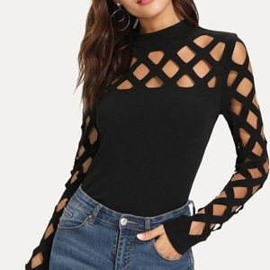 SHEIN Mock Neck Cage Yoke & Sleeve Top